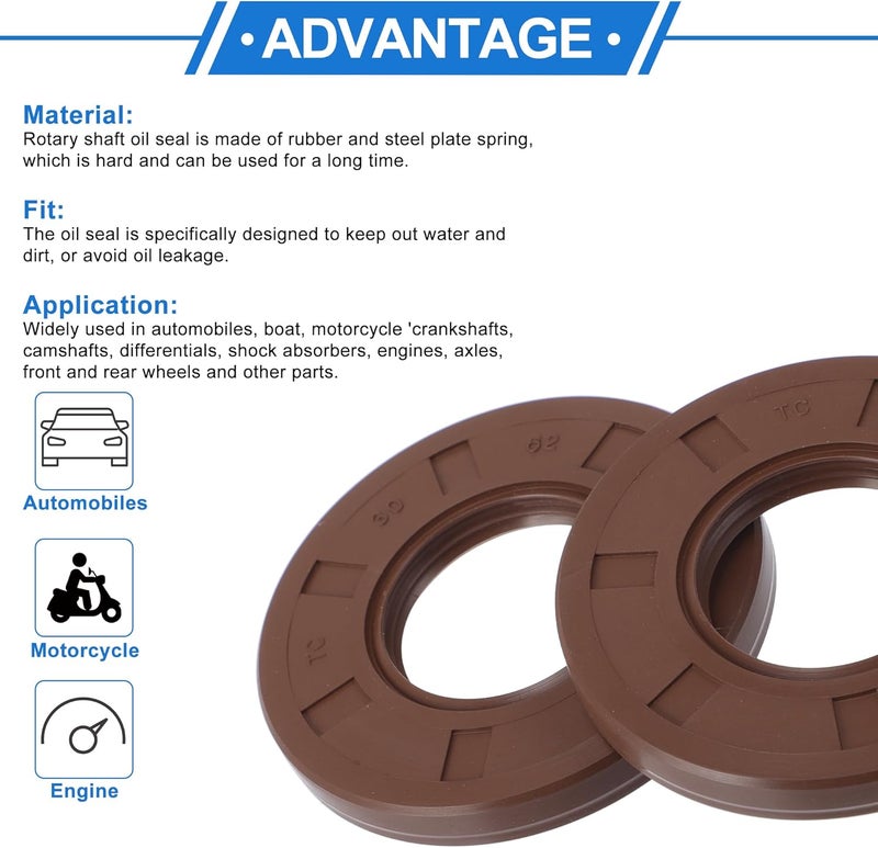 VekAuto Universal Oil Seal TC Double Lip W Steel Spring Seal Ring Rotary Shaft Seal 30x62x7mm High Pressure FKM Rubber Brown 2 Pcs - Image 4